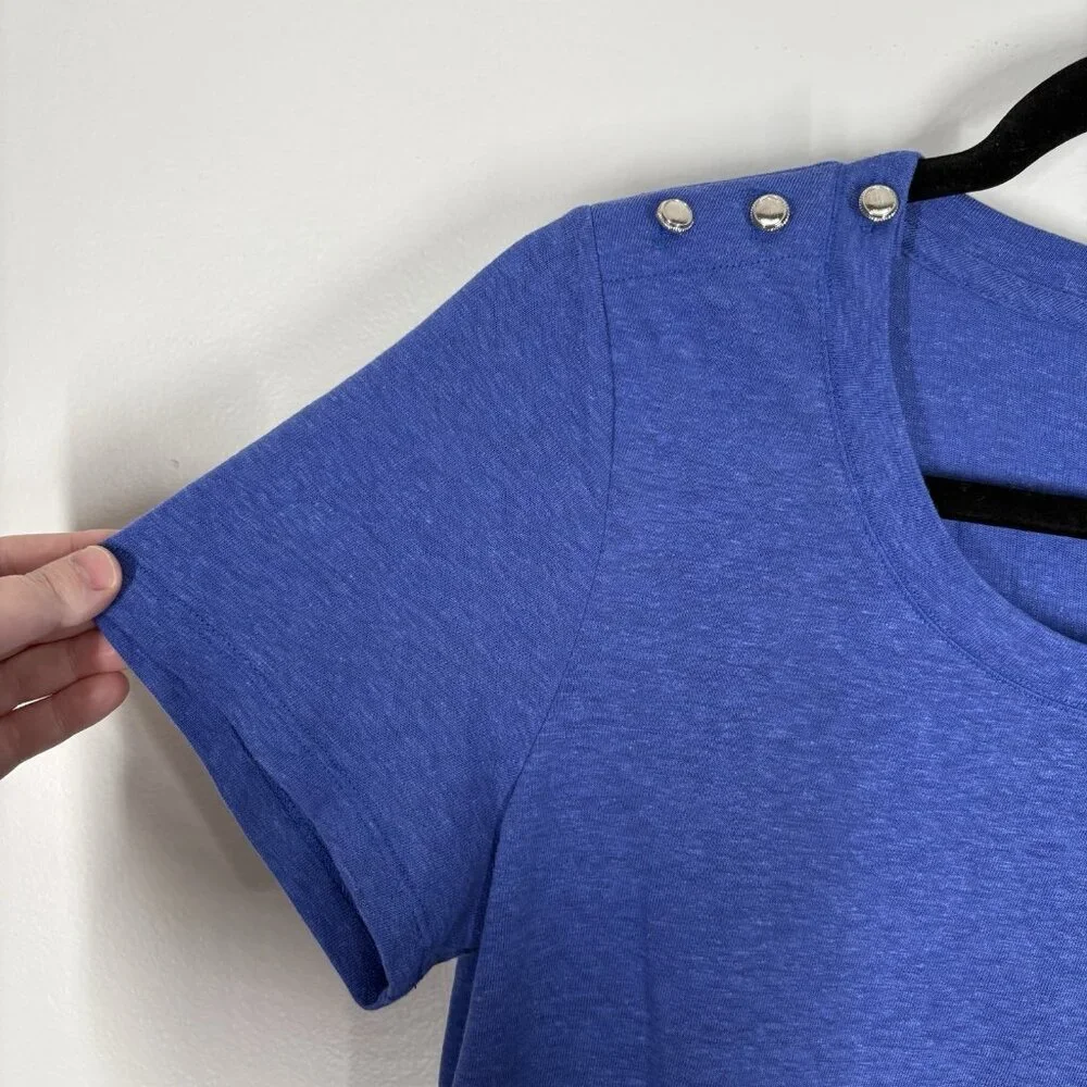 Talbots Petite MP Blue Button Shoulder Scoop Neck Short Sleeve Linen Blend Tee